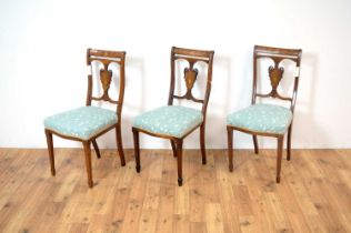 A set of three Edwardian inlaid walnut chairs together with a reproduction mahogany coffee table