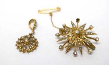 An Edwardian seed pearl set star pattern brooch and pendant