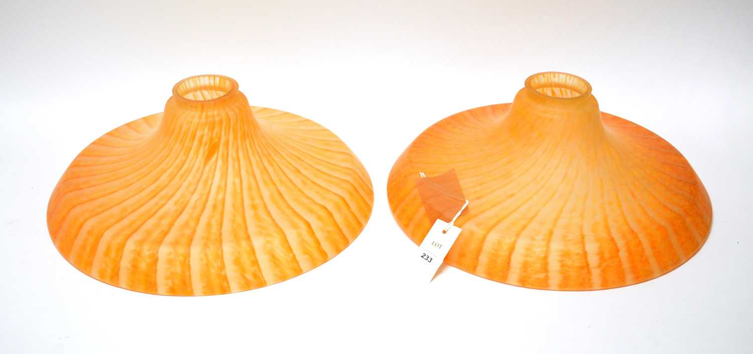 A pair of Art Deco striped mottled orange ceiling lights