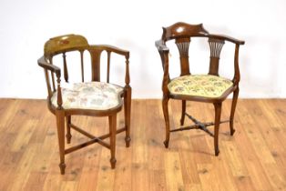 An Edwardian line inlaid and mahogany corner chair with another