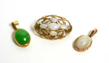 Opal brooch, pendant and jade pendant