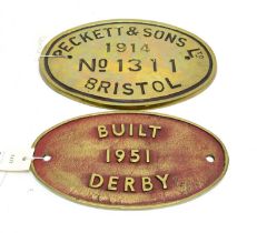 A Peckett & Sons Ltd No 1311 Bristol 1914 reproduction brass railway wagon sign