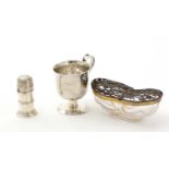 An Edwardian silver gilt-mounted cut glass potpourri dish and other silver items