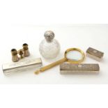 Three Victorian glass toilet boxes; a toilet bottle; magnifying glass; and pair of opera glasses