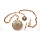 A 14ct yellow gold cased open-faced pocket watch, and 9ct gold albert chain