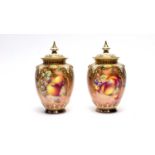 Pair of Royal Worcester fruit painted vases and covers by Roberts