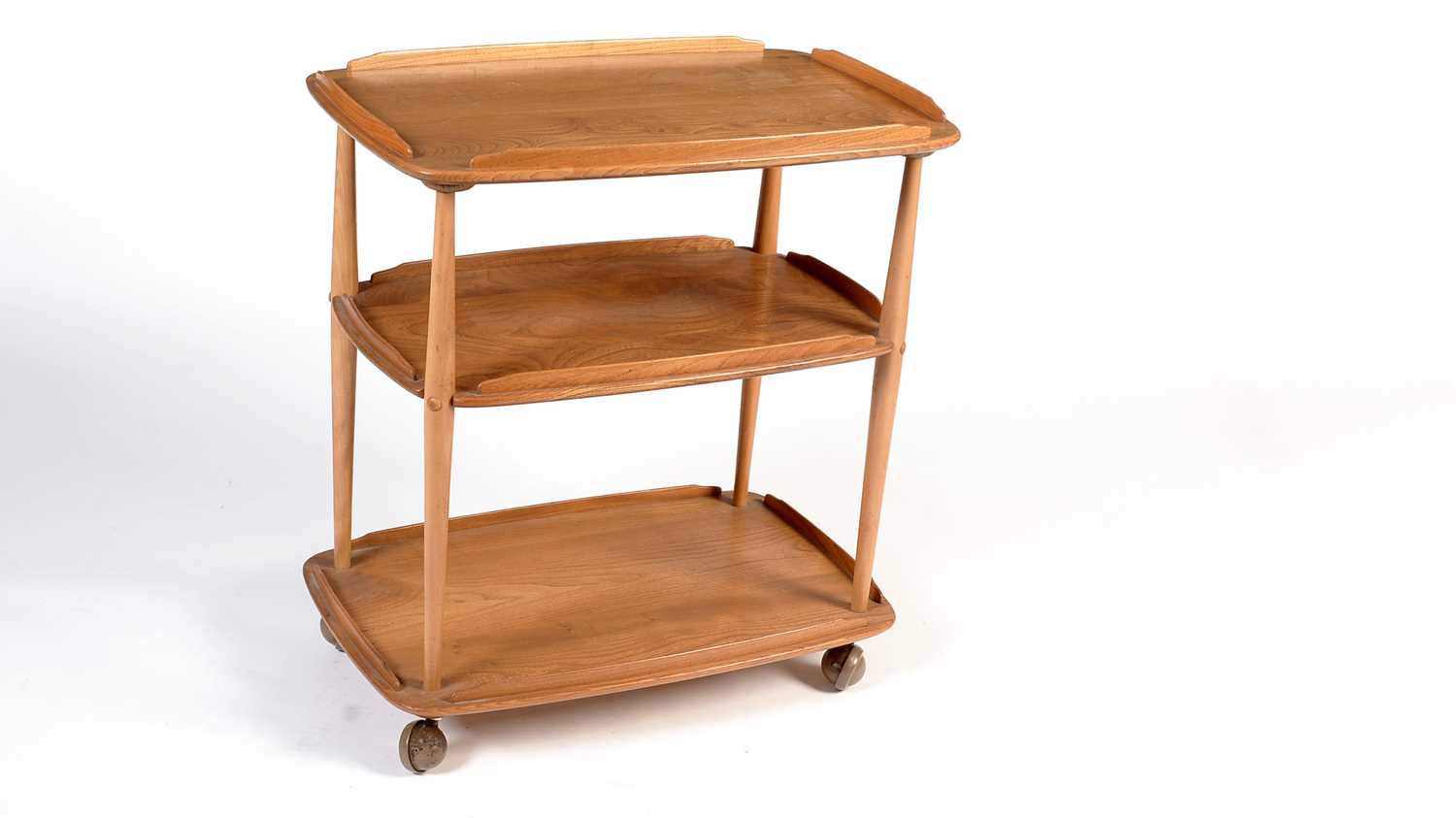 Ercol: Model no 3 a mid-Century beech and elm three tier drinks trolley