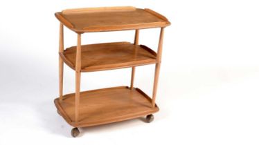 Ercol: Model no 3 a mid-Century beech and elm three tier drinks trolley
