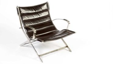 Contemporary Italian chrome and leather sling lounge chair