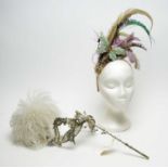 Kathryn Russell iridescent Venetian fantasy masquerade ball mask, and feather fascinator