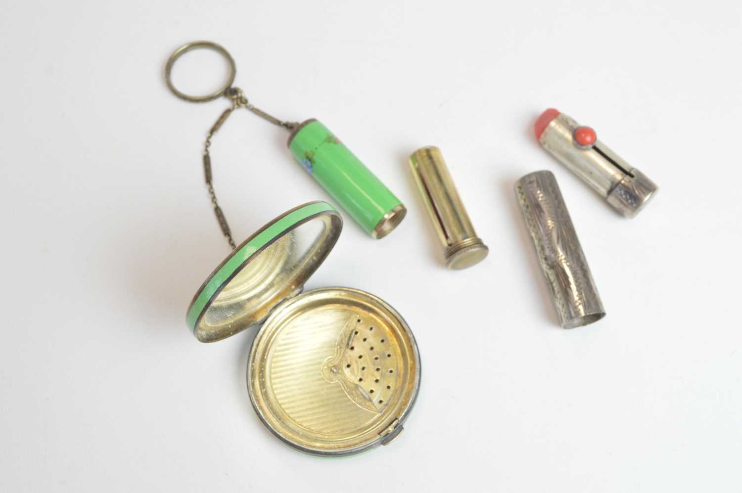 A 1920s enamelled white-metal pendant vanity duo, and lipstick case - Image 2 of 2