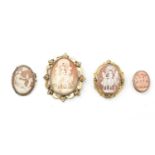 Four carved shell cameo brooches