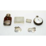A silver mounted and leather small hip flask and other objects of vertu