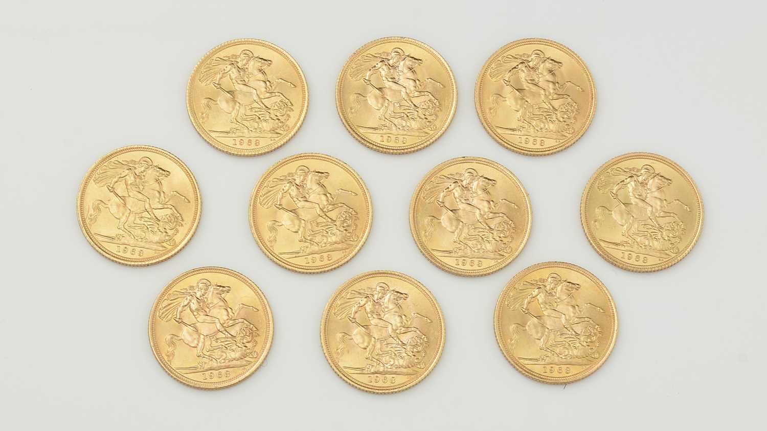 Ten Elizabeth II gold sovereigns, all 1963