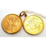 Two gold half sovereigns, 1912 and 1896, in pendant mounts