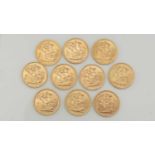 Ten Elizabeth II gold sovereigns: 8x 1976, 1x 1968 and 1x 1966