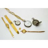 A silver cased pocket watch and fob watch; a 9ct gold cased cocktail watch; and other watches