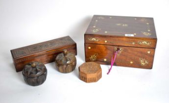 A writing slope, costume jewellery and wooden boxes