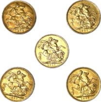 Five Edward VII gold sovereigns