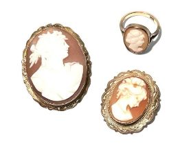 Two cameo brooches and a ring