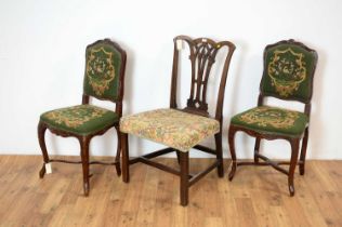 A pair of late 19th century chairs in the French taste together with a Chippendale style chair