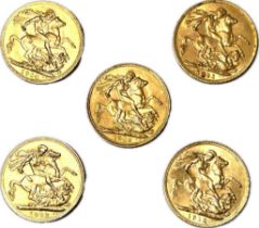 Five George V gold sovereigns