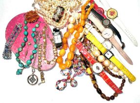 A selection of costume necklaces, watches and other costume jewellery