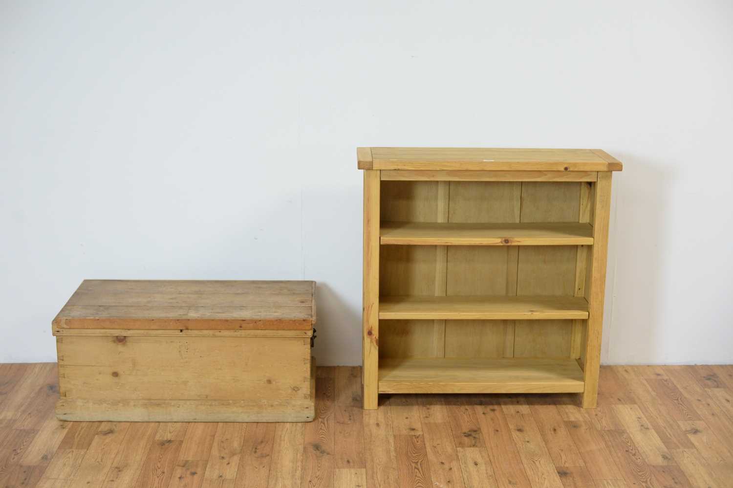 A 20th Century stripped pine blanket box together with a pine open bookcase - Image 2 of 4