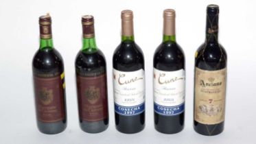Five bottles of Spanish red wine