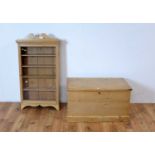 A stripped pine blanket box together with a hanging display cabinet