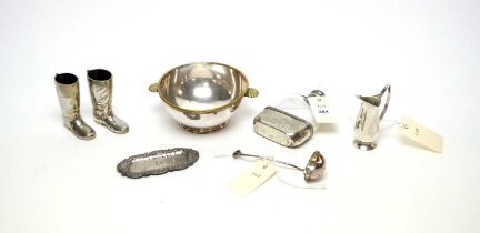 A glass and silver hip flask, and other plated items