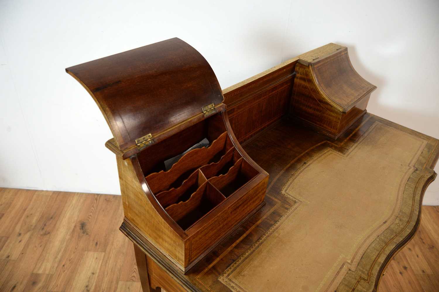 A late Victorian mahogany and line inlaid serpentine writing desk - Image 5 of 7