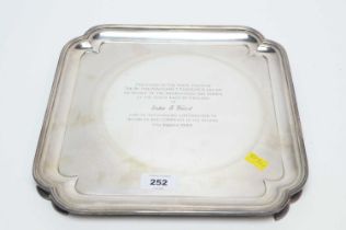 A silver salver presented by PM Margaret Thatcher