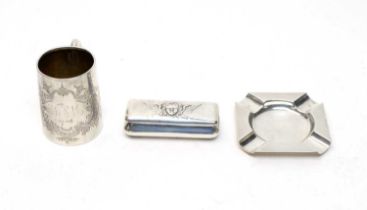 An Edwardian silver snuff box; Art Deco ashtray; and a Christening cup