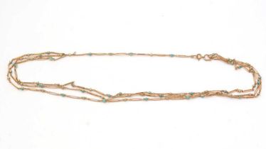 A turquoise, seed pearl and yellow gold fancy link chain necklace