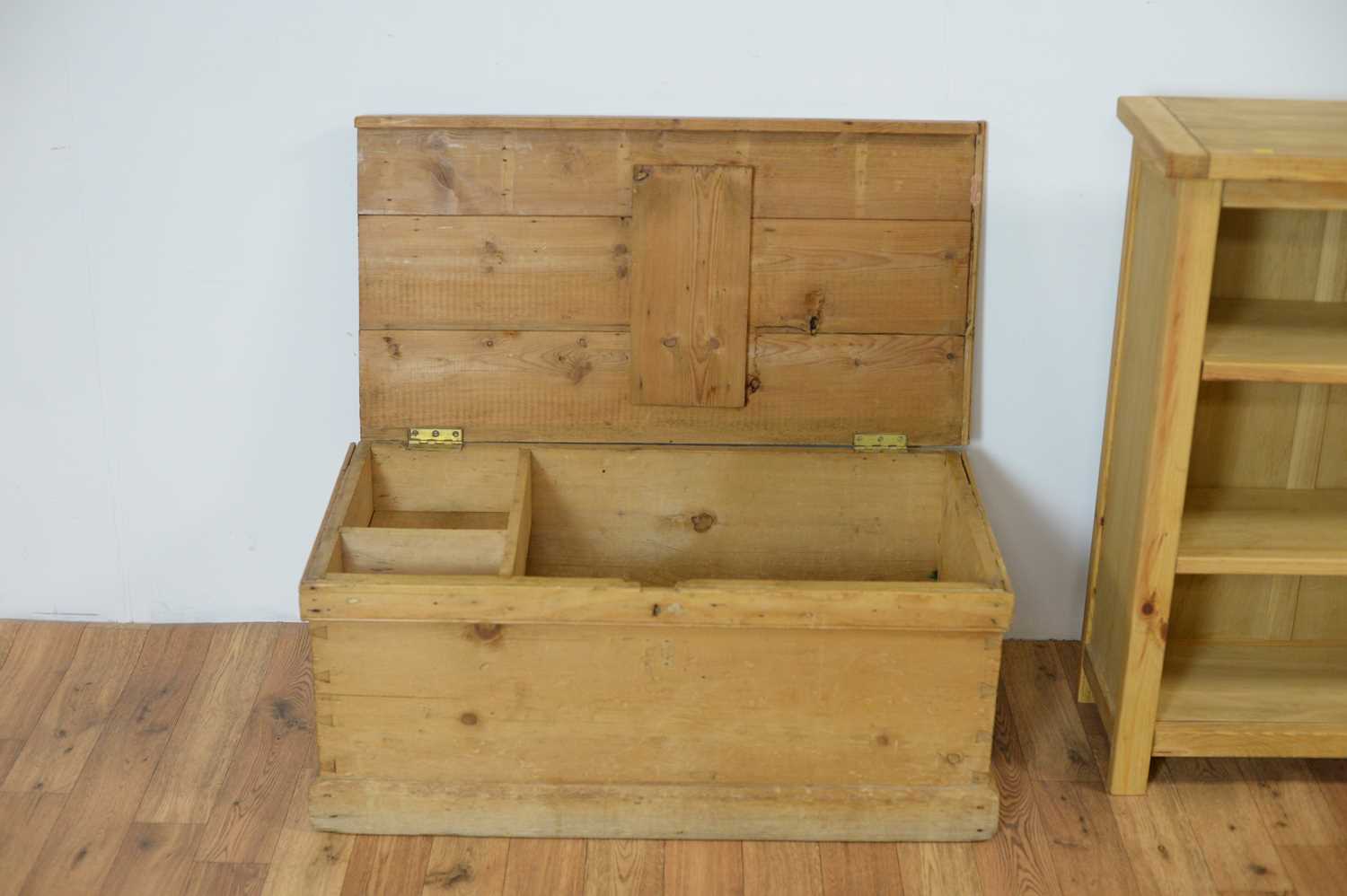 A 20th Century stripped pine blanket box together with a pine open bookcase - Image 3 of 4