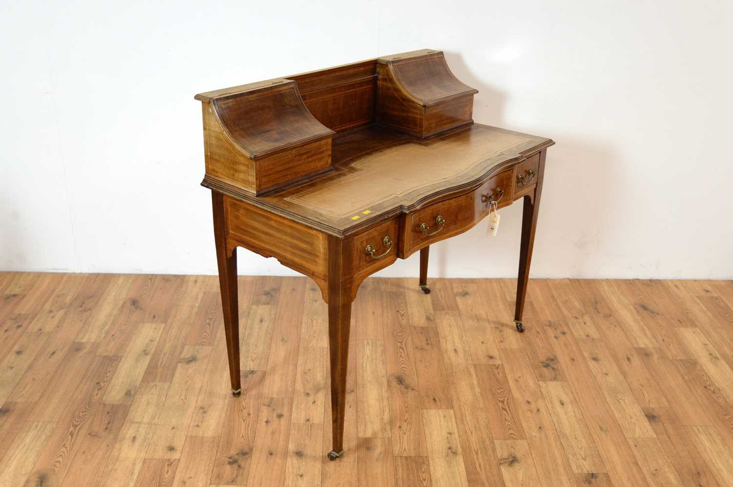 A late Victorian mahogany and line inlaid serpentine writing desk - Image 4 of 7