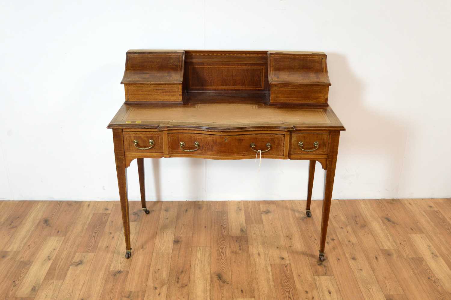 A late Victorian mahogany and line inlaid serpentine writing desk - Image 3 of 7