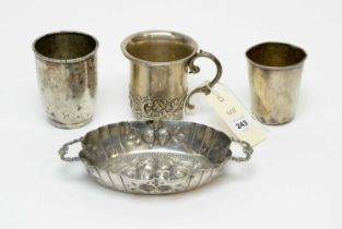 An Edwardian silver Christening cup; a bonbon dish and two tumblers