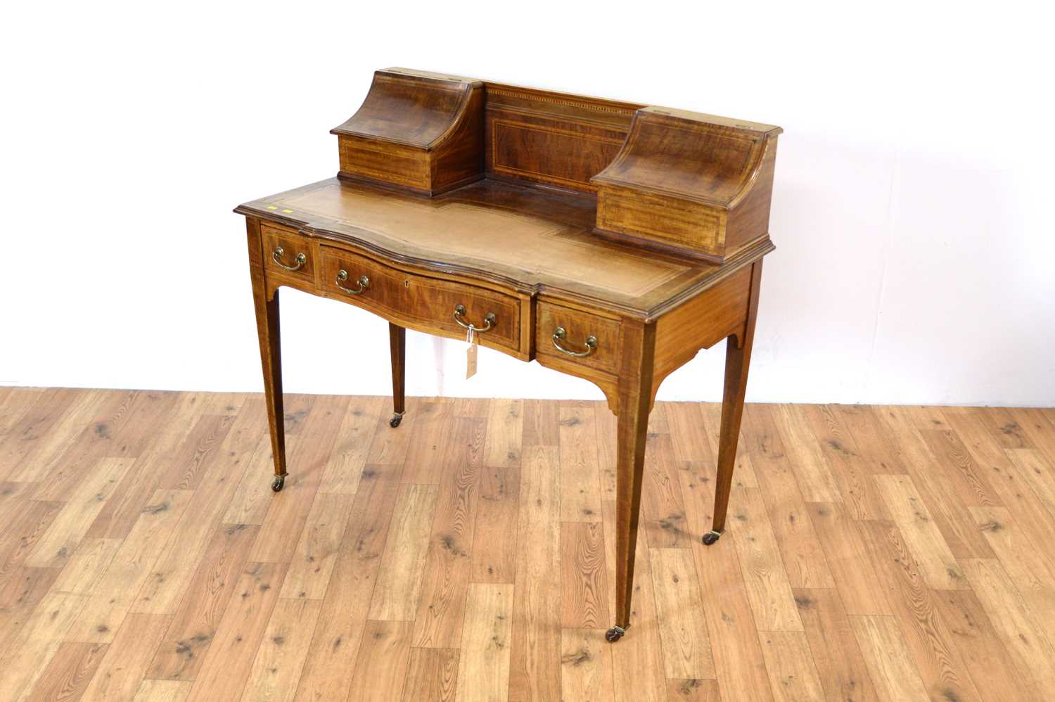 A late Victorian mahogany and line inlaid serpentine writing desk - Image 2 of 7