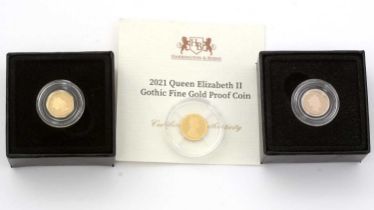 A Queen Elizabeth II gold proof coin; and two one-eighth sovereigns