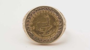 A South African 1/10 oz gold Krugerrand coin in ring mount