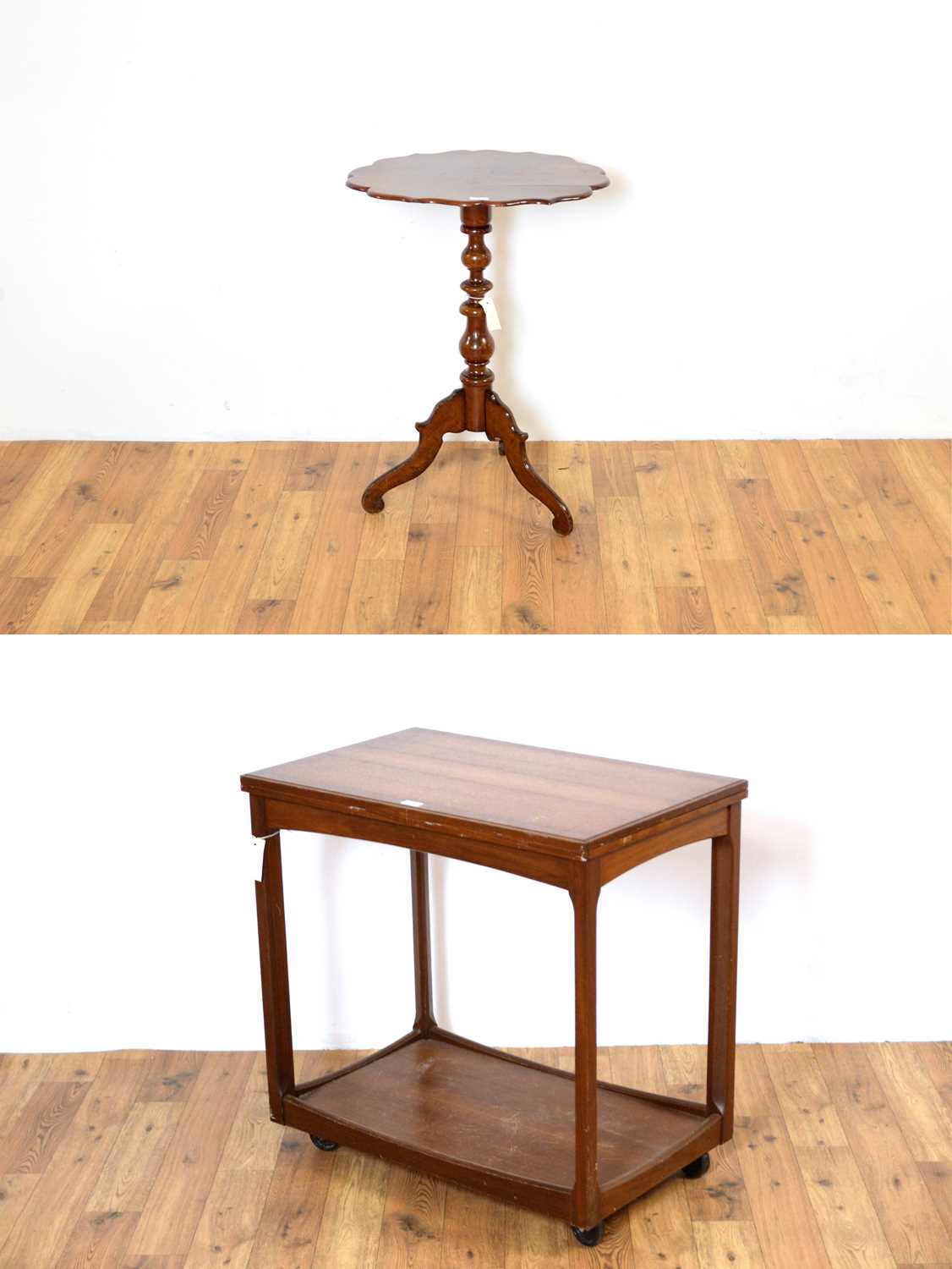 A retro teak trolley together with a tripod side table