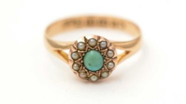 A Victorian turquoise and seed pearl cluster ring