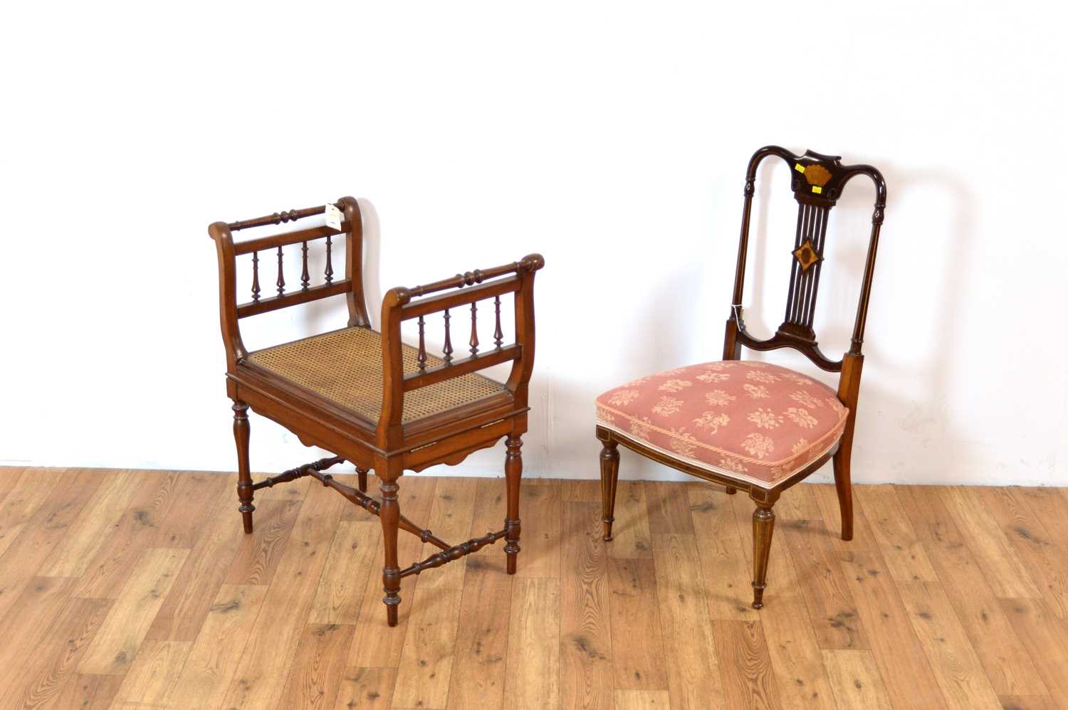 An Edwardian mahogany salon chair with twin handled rattan stool - Image 2 of 4
