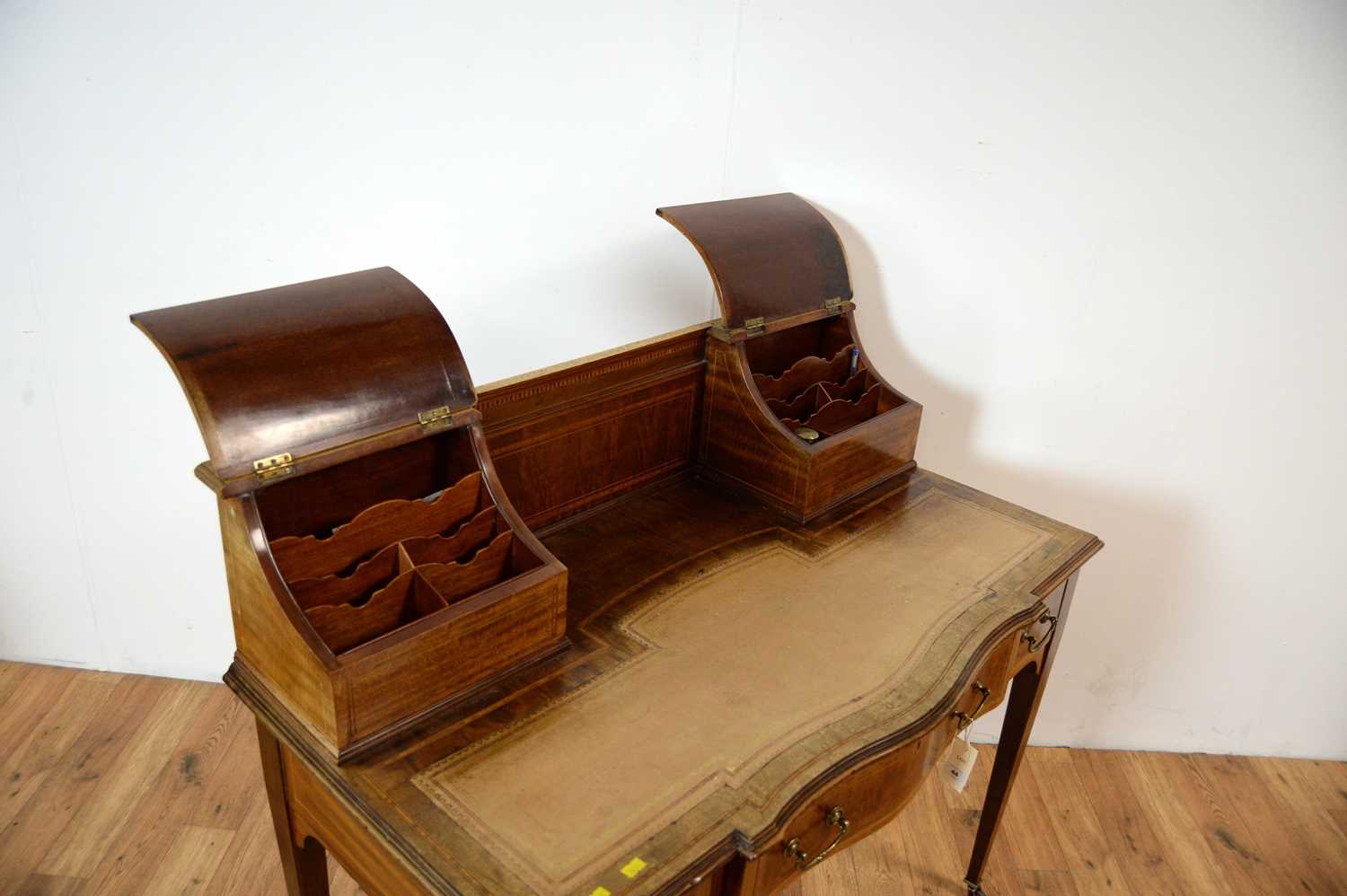 A late Victorian mahogany and line inlaid serpentine writing desk - Image 6 of 7