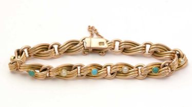 A turquoise, split pearl and yellow gold bracelet
