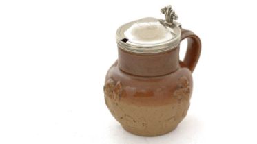 A Victorian silver mounted Doulton Lambeth stoneware mustard pot
