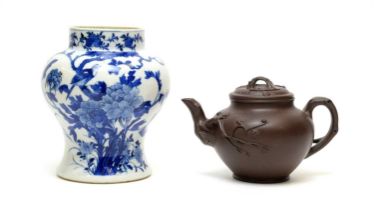 A Chinese blue and white baluster jar, and Yixing teapot