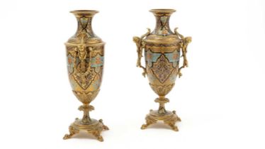 A pair of 19th Century French champleve enamel garniture vases